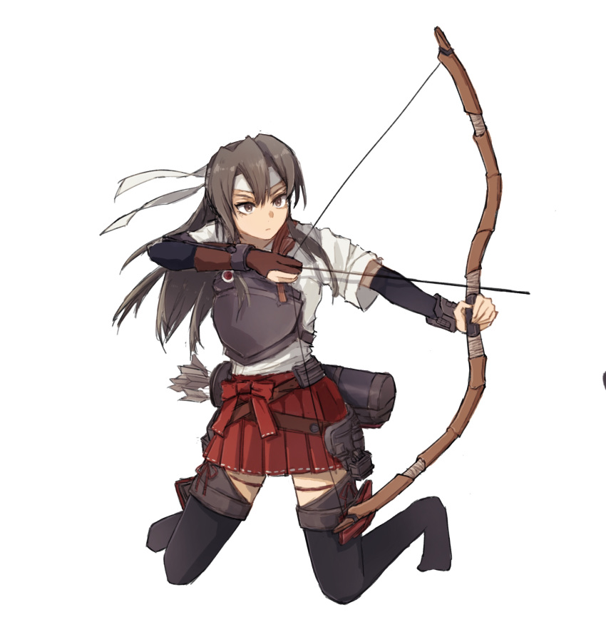 1girl, absurdres, arrow_(projectile), black_thighhighs, bow_(weapon), brown_gloves, drawing_bow, gloves