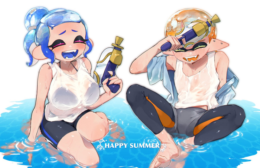 1boy, 1girl, barefoot, bikini, bikini_visible_through_clothes, black_bikini, blue_hair, blue_tongue, blush, closed_eyes, colored_tongue, doro_mizu_831, holding, holding_weapon, inkling, inkling_girl, inkling_player_character, laughing, octoling, octoling_girl, octoling_player_character, open_mouth, orange_hair, orange_tongue, ponytail, shorts, splatoon_(series), splattershot_(splatoon), swimsuit, waka-chan_(doro_mizu_831), water, weapon, wet, wet_clothes