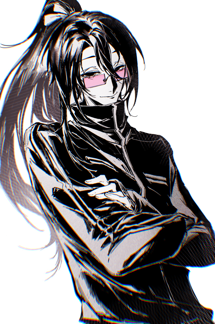 1boy, absurdres, chinese_commentary, chromatic_aberration, closed_mouth, commentary_request, crossed_arms, greyscale