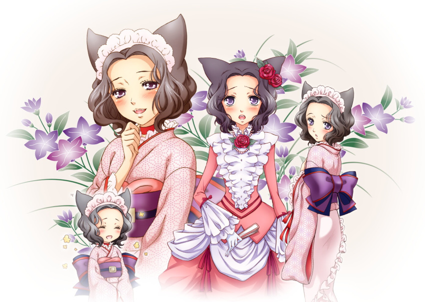 bellflower, black_hair, blush, bow, chibi, closed_eyes, dress, eyes_closed, fang, flower, fox_ears, frills, hair_flower, hair_ornament, japanese_clothes, kimono, looking_back, maid_headdress, multiple_persona, obi, open_mouth, otome_youkai_zakuro, purple_eyes, short_hair, smile, standing, susukihotaru, violet_eyes, yukkyun