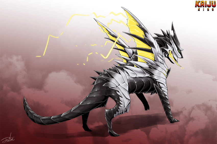 absurdres, balkzardan, crackling_energy, digitigrade, english_text, full_body, godzilla:_trading_battle, godzilla_(series), gradient_background, green_eyes, grey_scales, gugenheim98, highres, horns, kaiju, monster, monster_focus, no_humans, scales, sharp_teeth, signature, solid_eyes, solo, spikes, tail, teeth, white_scales, wings