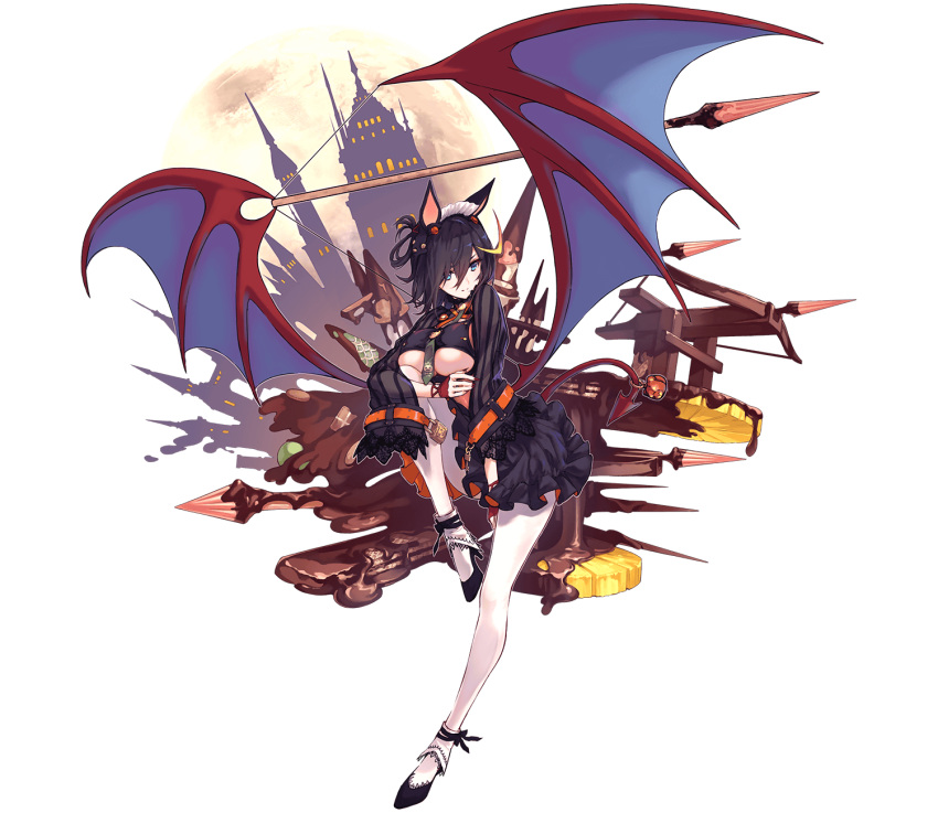 1girl, artemis_(phantom_of_the_kill), barista, belt, black_hair, blue_eyes, bow_(weapon), breasts