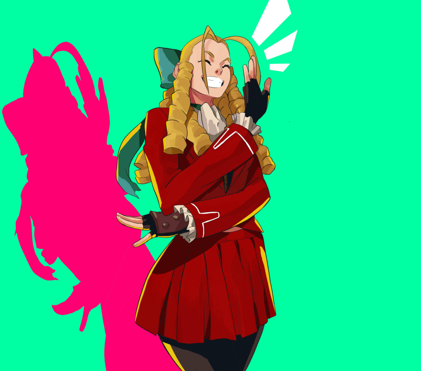 1girl, ascot, black_pantyhose, blonde_hair, blue_bow, bow, closed_eyes, colored_shadow