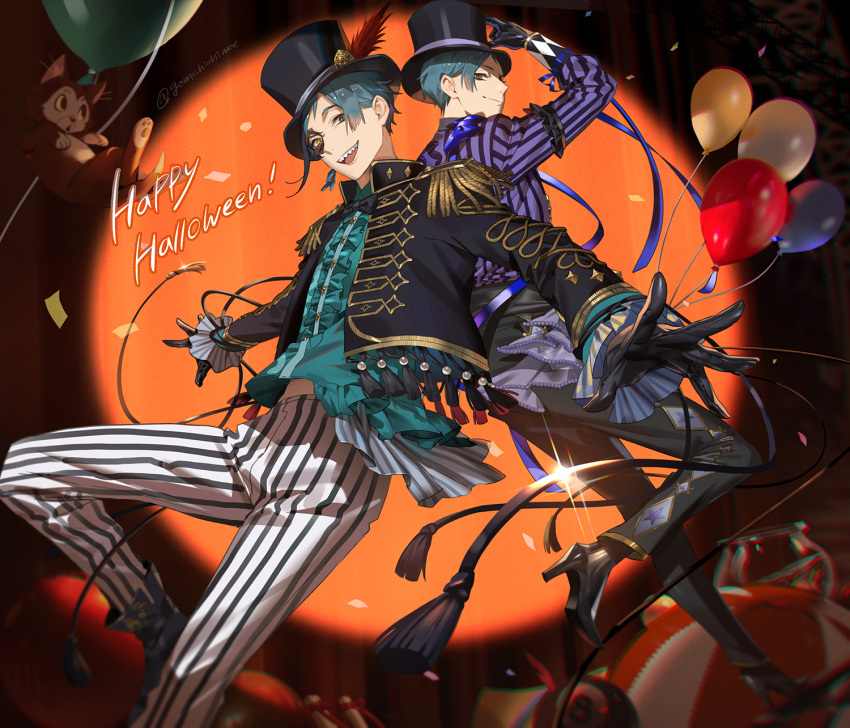 2boys, animal, balloon, black_gloves, black_jacket, blue_hair, cat, commentary_request