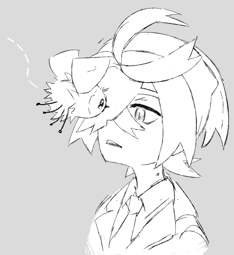 1boy, 22z3r0, ahoge, blueberry_academy_school_uniform, crossed_bangs, cutiefly, grey_background, hair_over_one_eye