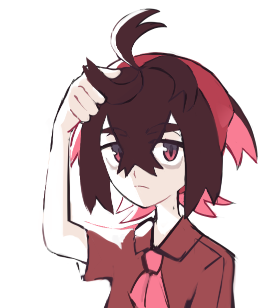 1boy, 22z3r0, ahoge, arm_up, frown, hand_on_own_head, kieran_(pokemon), looking_at_viewer