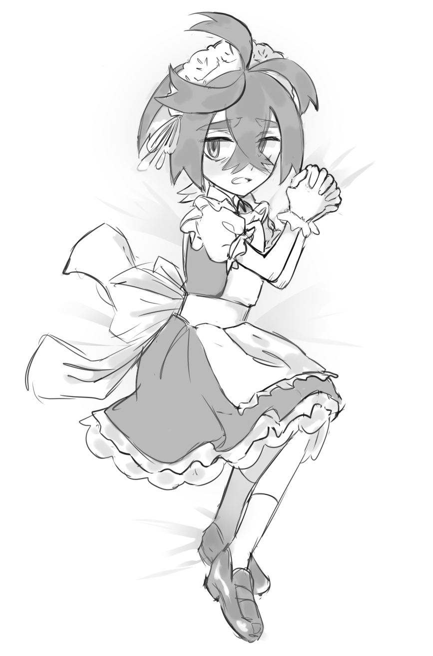 1boy, 22z3r0, ahoge, apron, back_bow, bed_sheet, bow, furrowed_brow