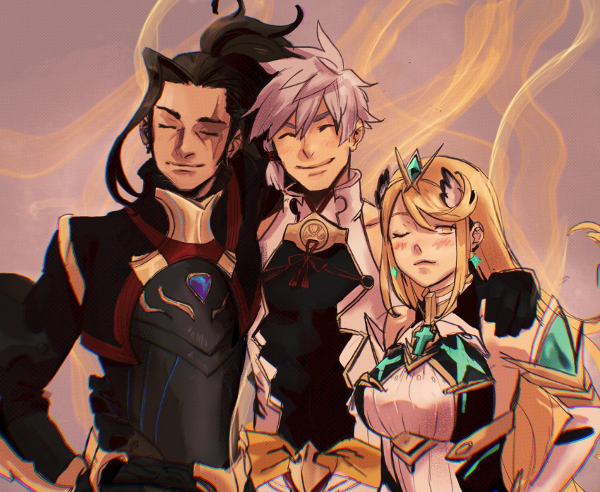 1girl, 2boys, addam_origo, black_coat, blonde_hair, breasts, brown_hair, circlet