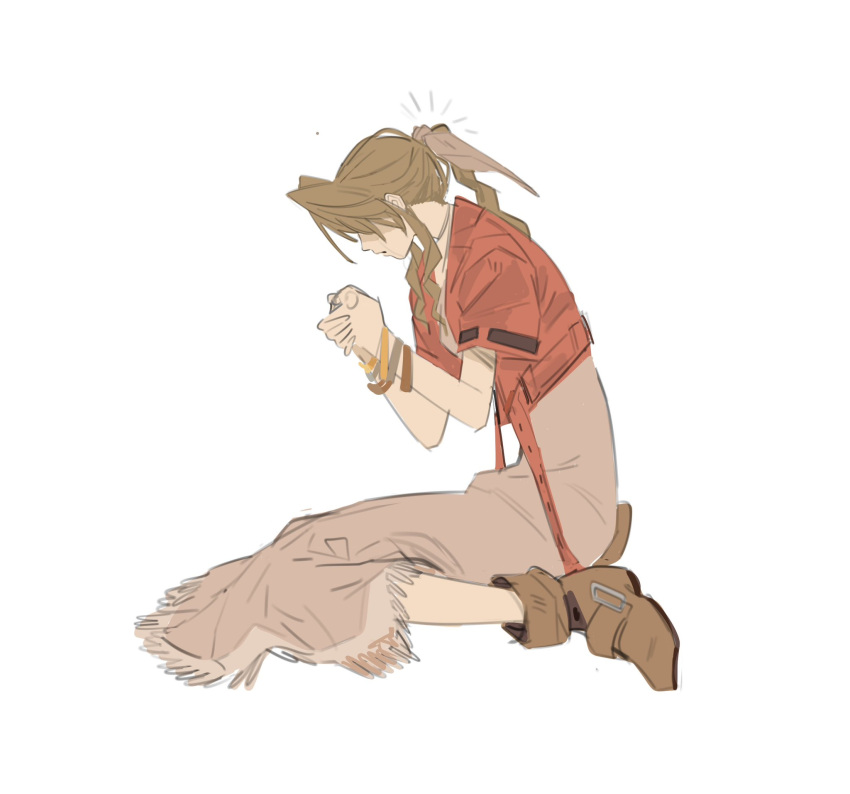 1girl, aerith_gainsborough, blonde_hair, boots, bow, bracelet, brown_dress, brown_footwear