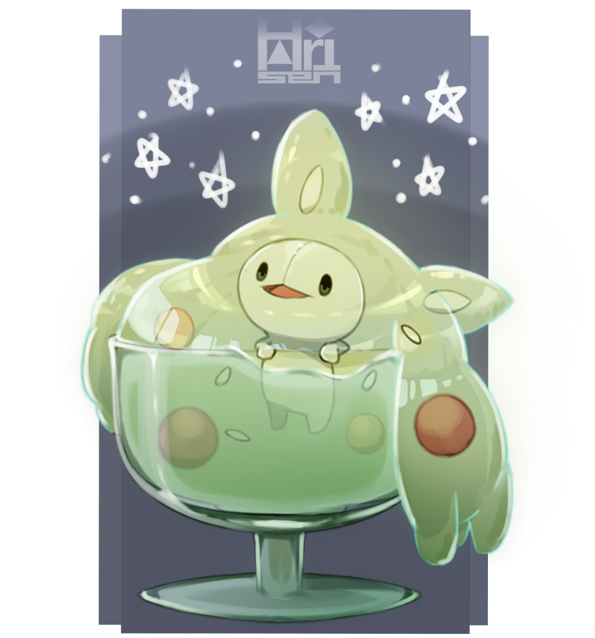 artist_logo, black_eyes, cup, full_body, harisen1012, highres, in_container, in_cup