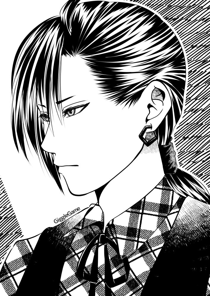 1boy, berl_to_okashi_no_ie, black_hair, black_vest, earrings, giggle_game, hans_(berl_to_okashi_no_ie), jewelry, male_focus, monochrome, official_art, plaid_clothes, plaid_shirt, shirt, short_ponytail, single_earring, upper_body, vest