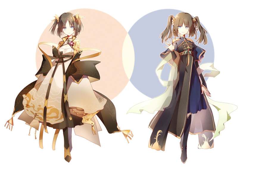 2girls, absurdres, adapted_costume, alternate_costume, alternate_hair_length, alternate_hairstyle, arm_at_side, arms_at_sides