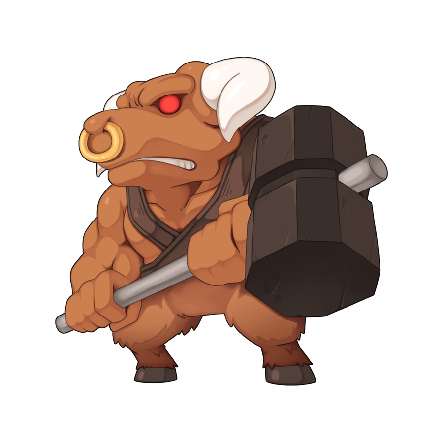 1boy, chibi, chibi_only, colored_sclera, cow_boy, full_body, furry, furry_female, hammer, holding, holding_hammer, horns, male_focus, minorous, minotaur, monster_boy, nose_piercing, nose_ring, official_art, piercing, ragnarok_online, red_sclera, simple_background, solo, transparent_background, war_hammer, weapon, white_horns, yuichirou