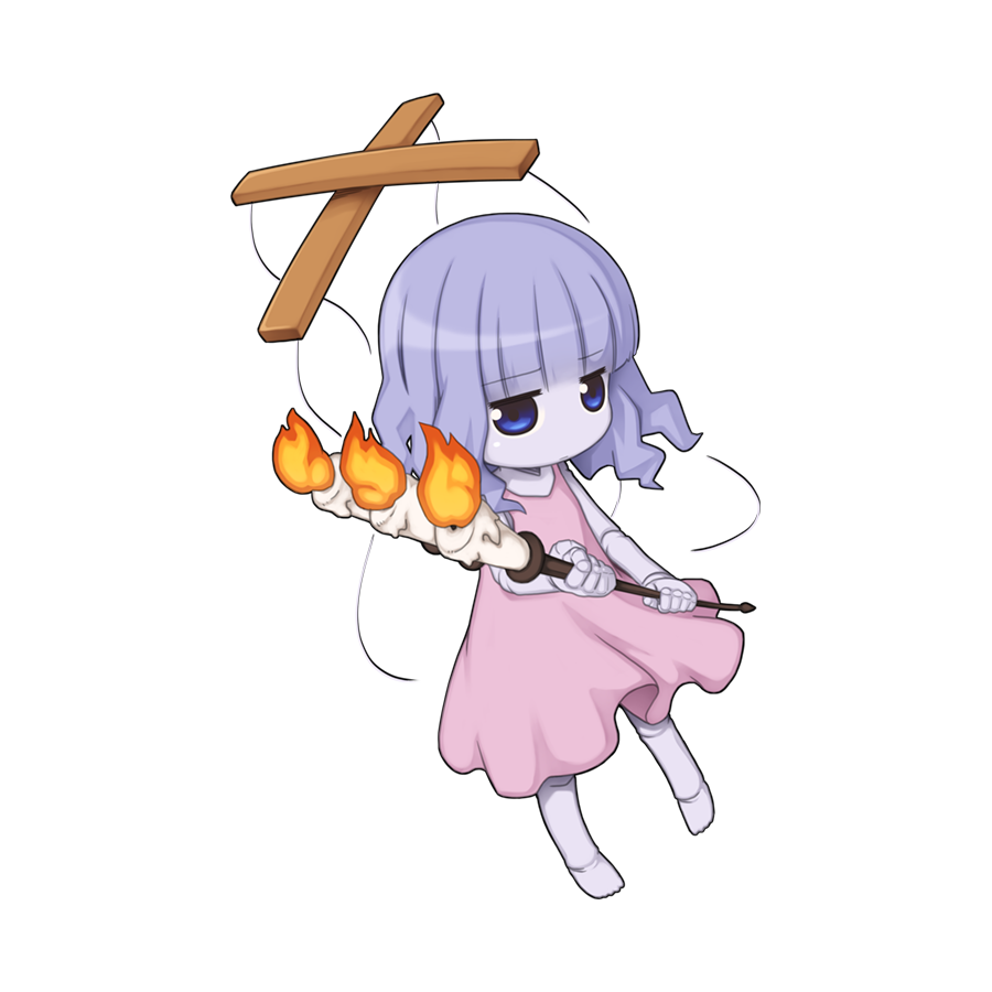 1girl, barefoot, blue_eyes, blunt_bangs, candelabra, candle, candlestand, chibi