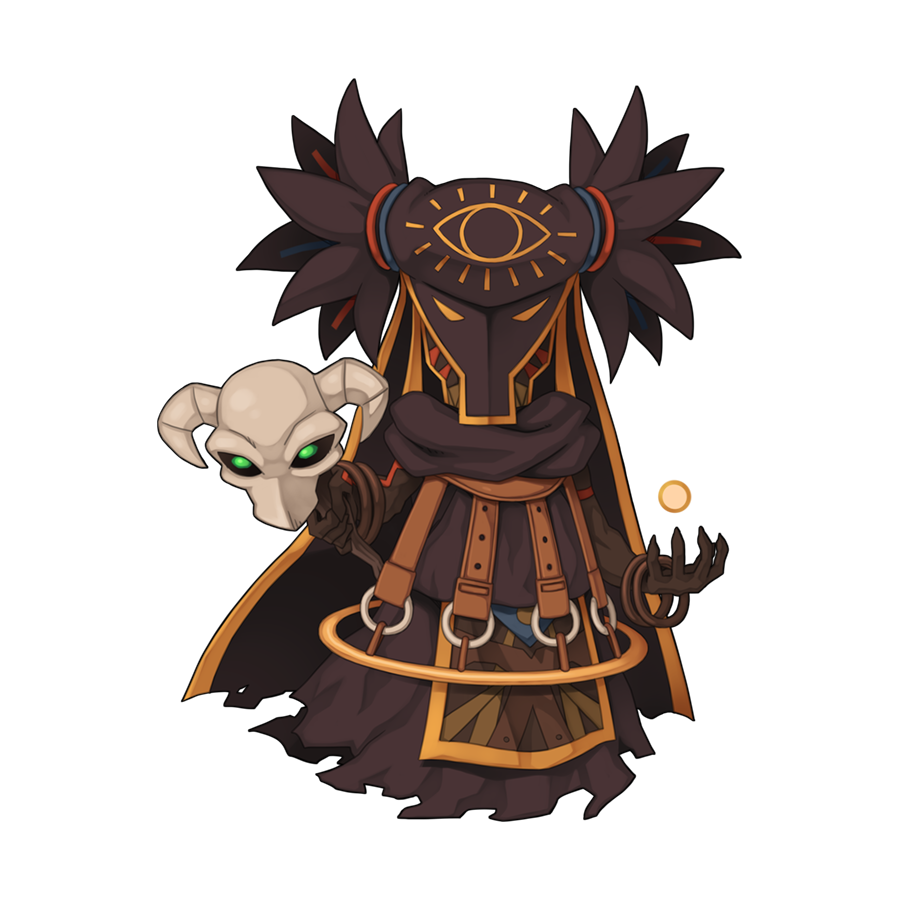 1other, animal_skull, bangle, bracelet, brown_robe, chibi, chibi_only, coin, dark_skin, full_body, headdress, holding, holding_staff, jewelry, looking_at_viewer, marduk_(ragnarok_online), masked, official_art, other_focus, ragnarok_online, robe, simple_background, skull, solo, staff, torn_clothes, torn_robe, transparent_background, yuichirou