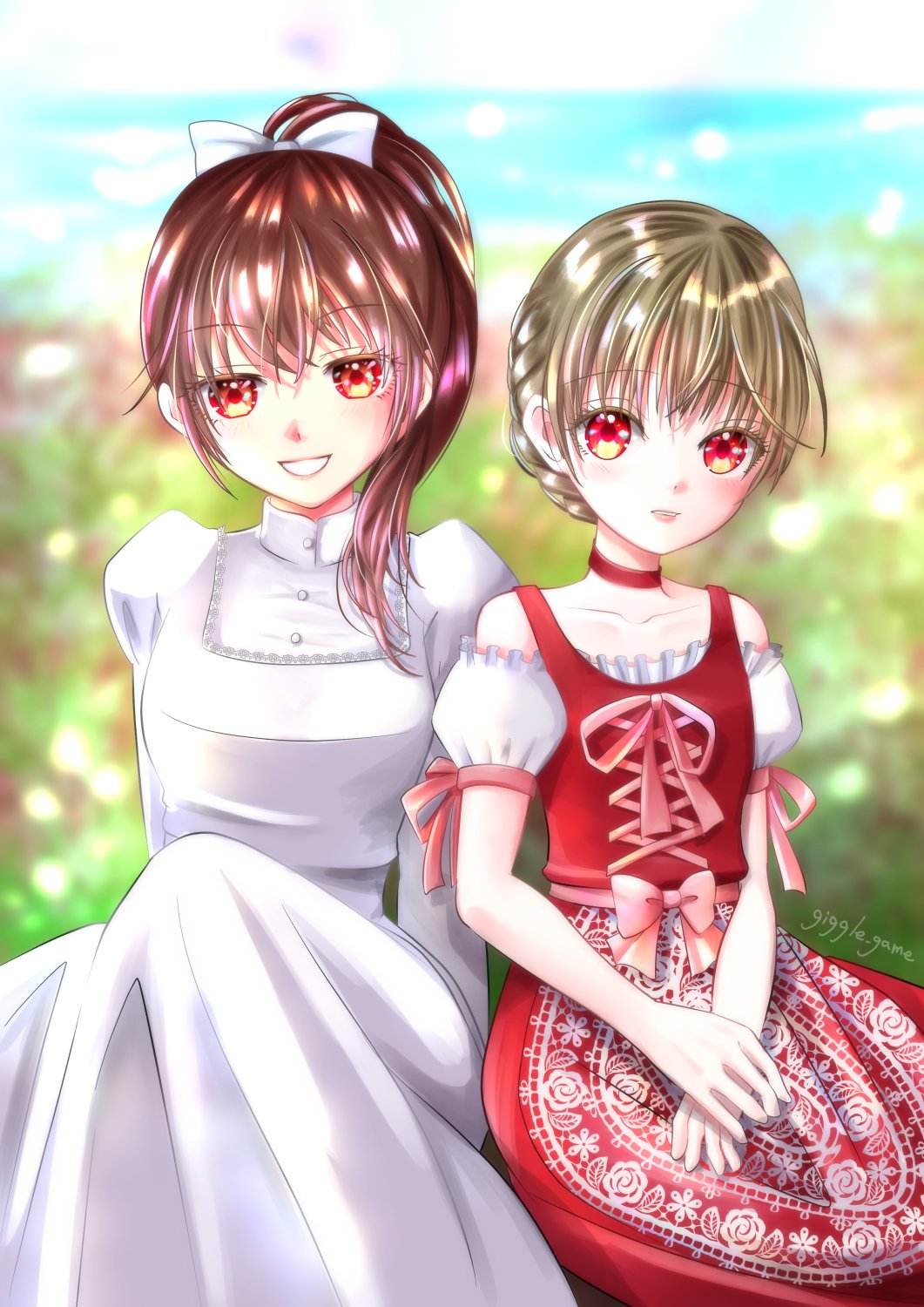 2girls, berl_(berl_to_okashi_no_ie), berl_to_okashi_no_ie, braid, braided_bun, brown_hair, character_request, choker, copyright_request, creator_connection, dirndl, dress, german_clothes, giggle_game, hair_bun, highres, multiple_girls, official_art, ponytail, puffy_short_sleeves, puffy_sleeves, red_choker, red_dress, red_eyes, short_sleeves, white_dress