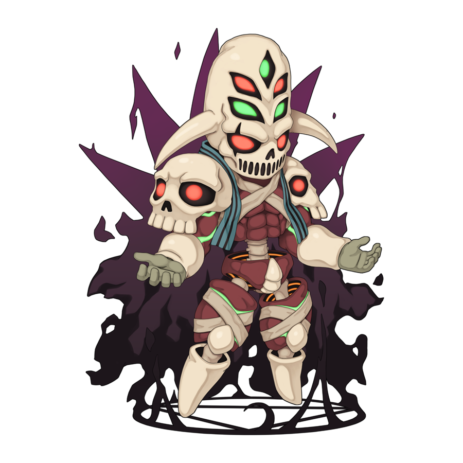 1boy, aura, black_sclera, chibi, chibi_only, colored_sclera, dark_aura, dark_illusion, demon_boy, demon_horns, extra_eyes, full_body, green_eyes, horns, looking_at_viewer, male_focus, official_art, ragnarok_online, red_eyes, scar, scar_across_eye, simple_background, skeleton, skull_pauldron, solo, transparent_background, undead, yuichirou