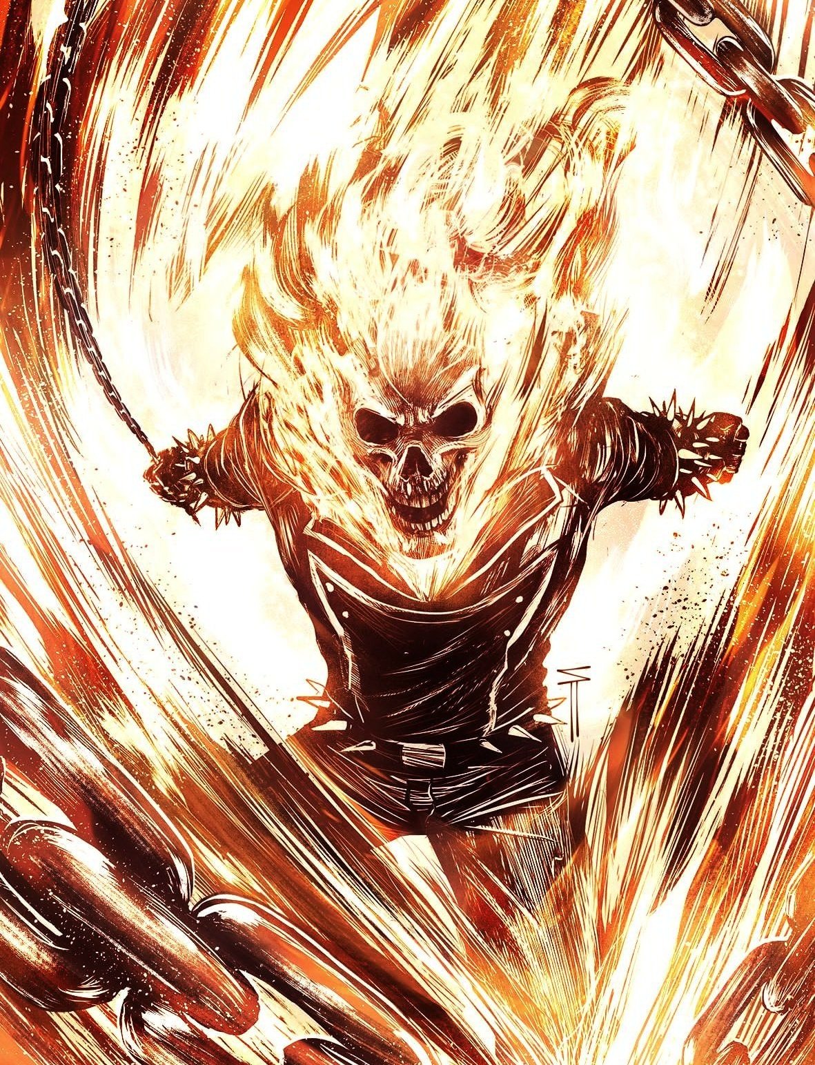 1boy, black_gloves, black_jacket, black_pants, chain, fire, flaming_skull, ghost_rider, ghost_rider_(series), gloves, highres, holding, jacket, leather, leather_jacket, looking_at_viewer, marvel, pants, sergacuna, skull, solo, spiked_gloves