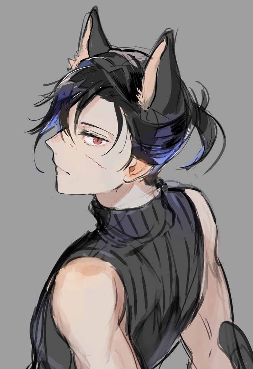 animal_ear_fluff, animal_ears, bare_shoulders, black_shirt, blue_hair, cat_ears, cat_tail, closed_mouth