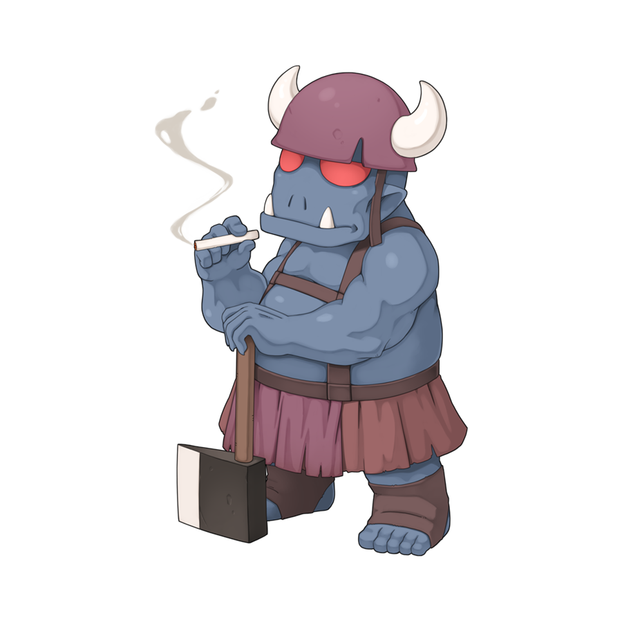 1boy, axe, brown_footwear, brown_skirt, chibi, chibi_only, cigarette, closed_mouth