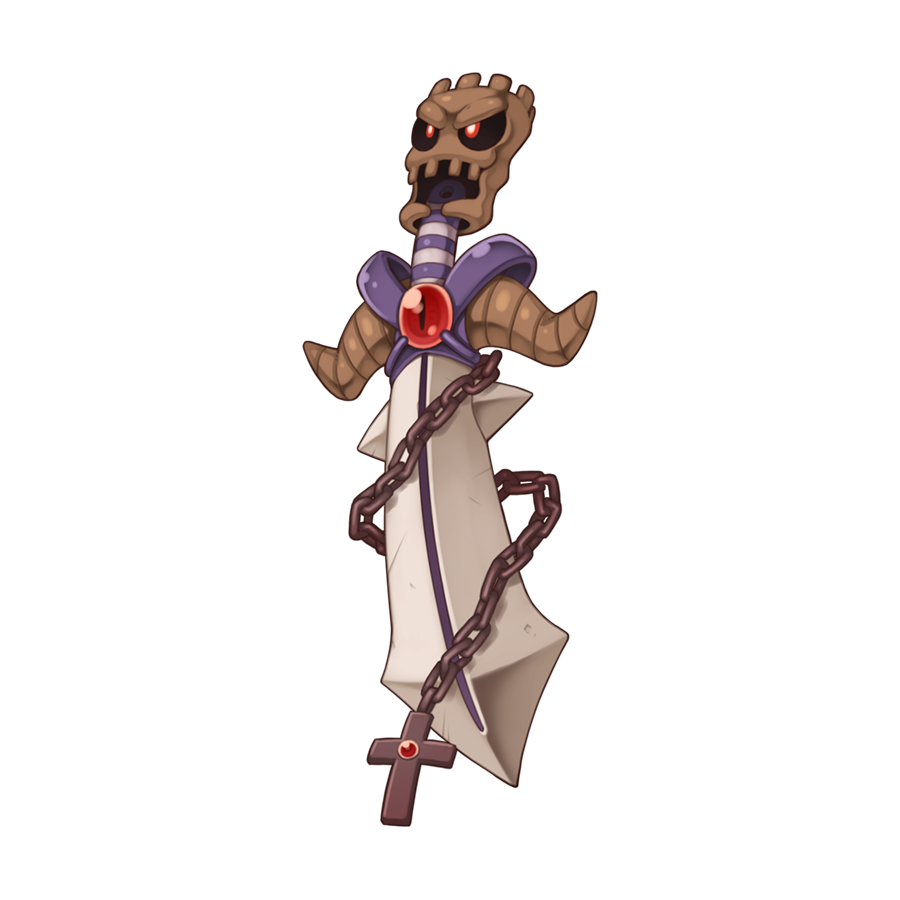 chain, chibi, chibi_only, cross, executioner_(ragnarok_online), full_body, living_weapon, monster, no_humans, official_art, open_mouth, ragnarok_online, simple_background, solo, sword, transparent_background, weapon, yuichirou