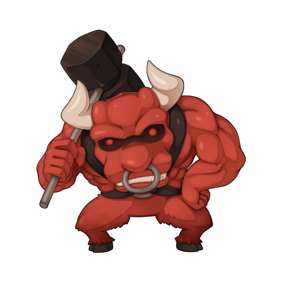 1boy, belt, black_belt, chibi, chibi_only, colored_skin, cow_boy, full_body, furry, furry_male, grin, hammer, holding, holding_hammer, hooves, horns, leaning_forward, looking_at_viewer, majoruros, male_focus, minotaur, muscular, muscular_male, nose_piercing, nose_ring, official_art, piercing, ragnarok_online, red_eyes, red_skin, simple_background, smile, solo, transparent_background, war_hammer, weapon, white_horns, yuichirou