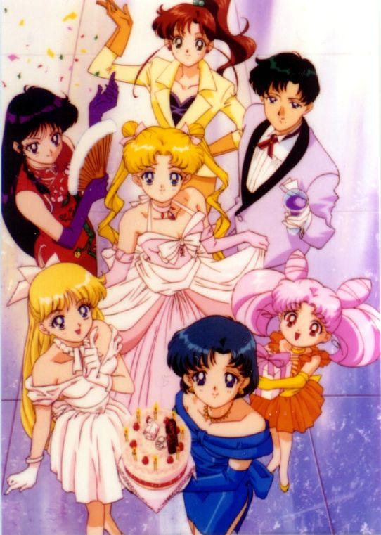 aino_minako, bare_shoulders, bishoujo_senshi_sailor_moon, blazer, cake, chiba_mamoru, chibi_usa, chinese_dress, dress, fan, gloves, hair_bobbles, hairbows, happy, hino_rei, kino_makoto, mizuno_ami, tsukino_usagi, twintails