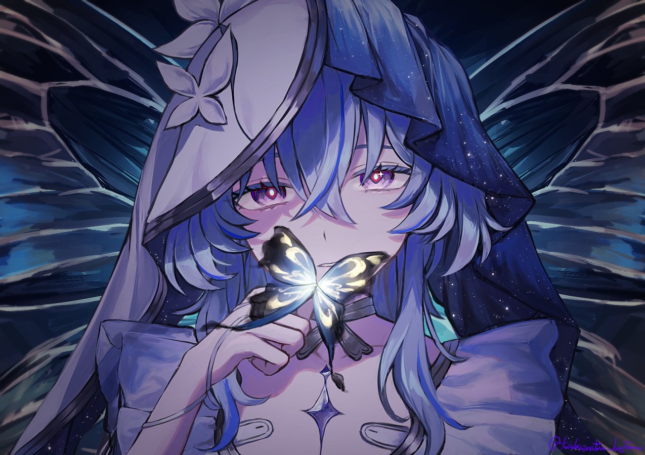 1girl, blue_butterfly, blue_hair, blue_veil, breasts, bug, butterfly, center_opening