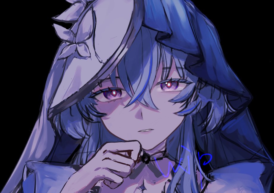 1girl, blue_butterfly, blue_hair, blue_veil, bug, butterfly, dress, hair_between_eyes, long_hair, solo, tacet_mark_(wuthering_waves), takamatu_hajime, the_shorekeeper_(wuthering_waves), two-tone_veil, violet_eyes, white_dress, white_veil, wuthering_waves