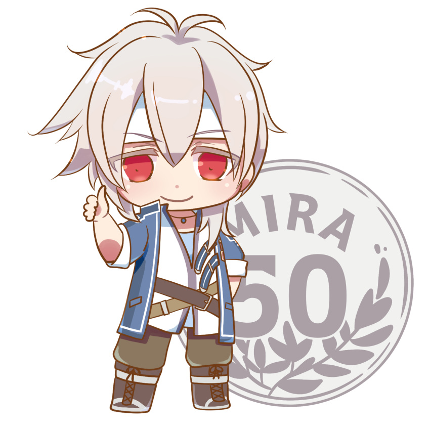 1boy, belt, blue_coat, chibi, chibi_only, coat, commentary_request, cross-laced_footwear
