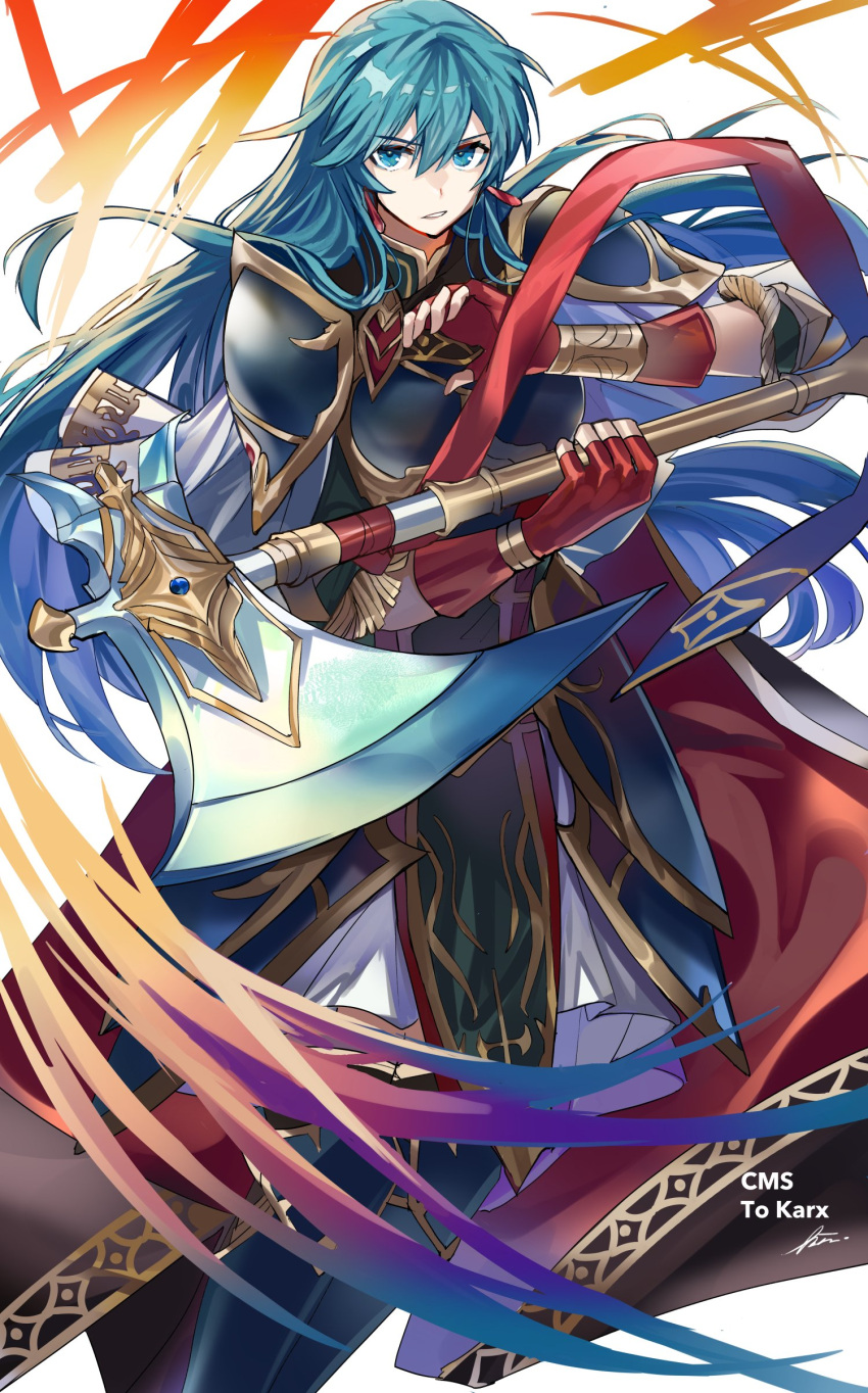 1girl, absurdres, aqua_eyes, aqua_hair, armor, axe, commentary_request, eirika_(fire_emblem), eirika_(resolute_princess)_(fire_emblem), fire_emblem, fire_emblem:_the_sacred_stones, fire_emblem_heroes, hair_between_eyes, highres, holding, holding_axe, kazuha_(kazuha1003), official_alternate_costume, parted_lips, pauldrons, shoulder_armor, solo