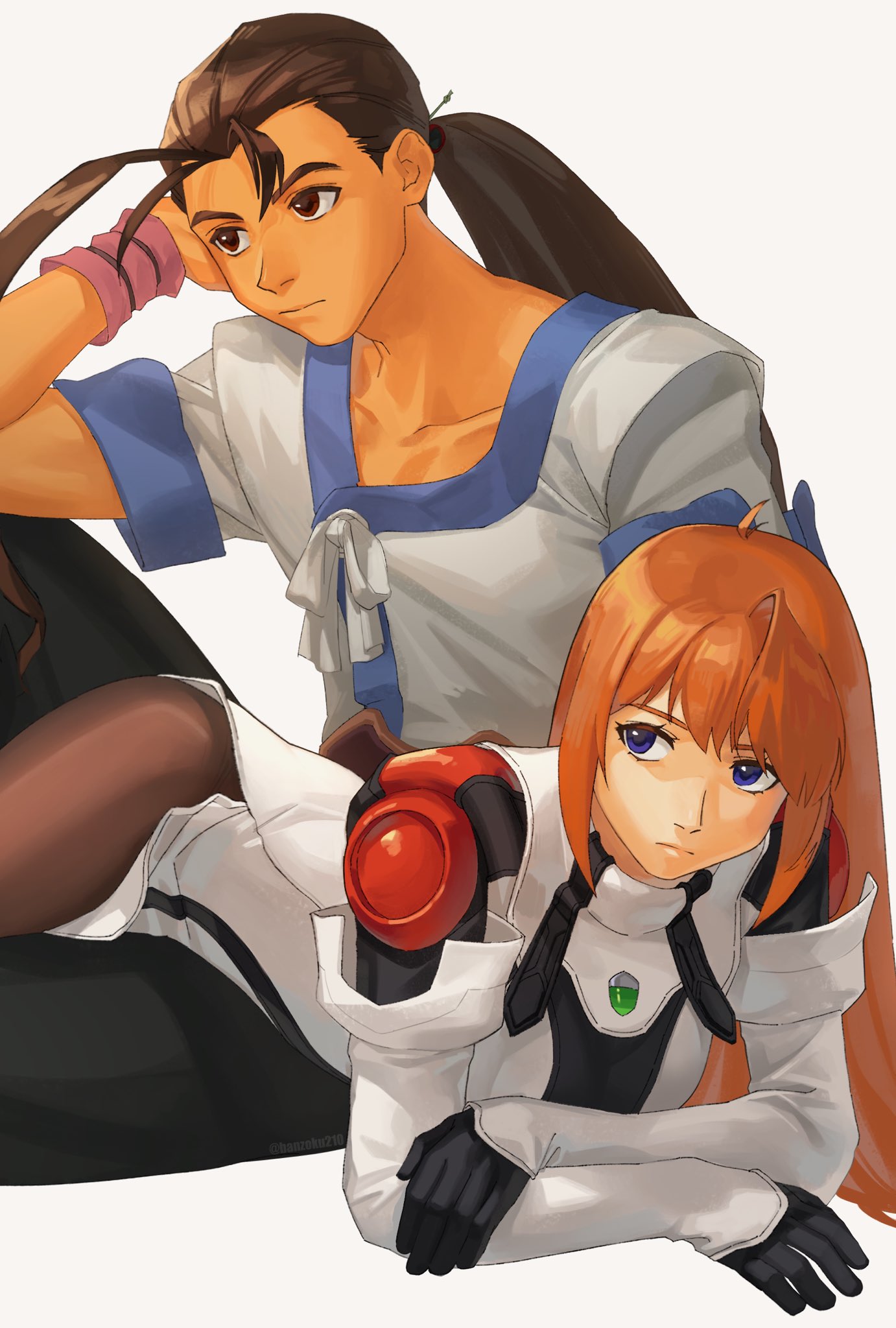 1boy, 1girl, asagi_(banzoku210), black_gloves, blue_eyes, brown_eyes, brown_hair, detached_sleeves