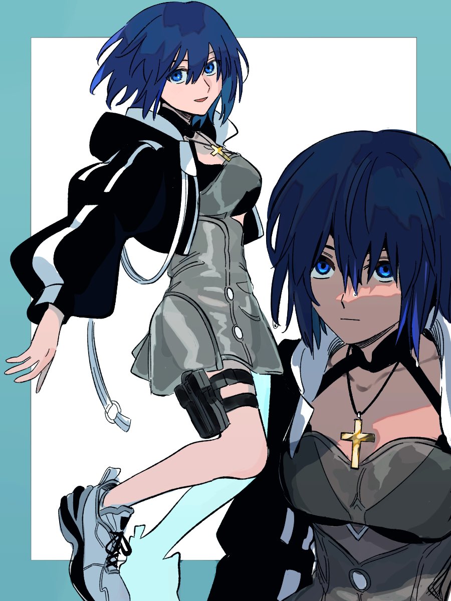 1girl, :d, black_hoodie, blue_border, blue_eyes, blue_hair, border, ciel_(tsukihime)