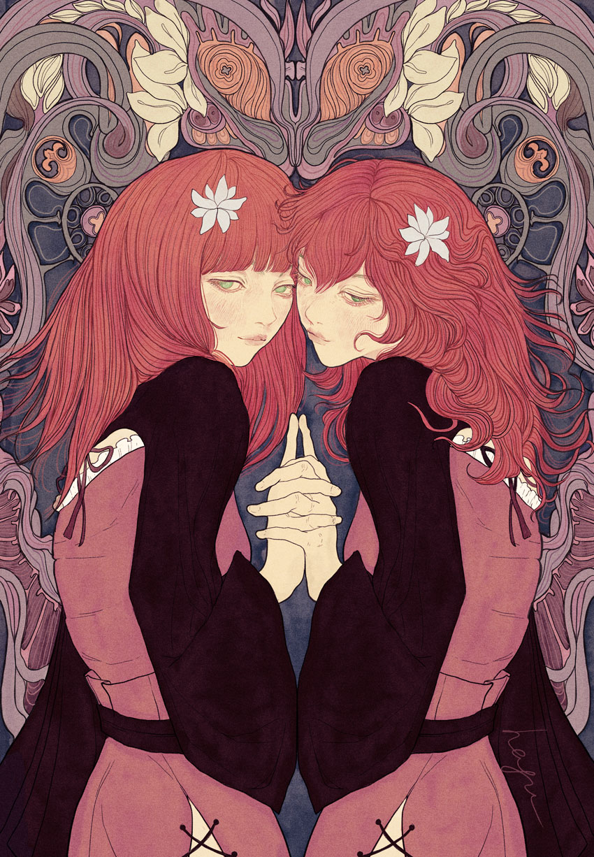 2girls, black_sleeves, devola, dress, flower, green_eyes, hagushka, hair_flower