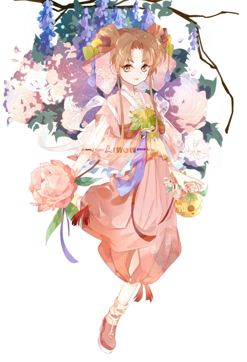 1girl, artist_name, bell, bow, branch, brown_hair, chinese_clothes, closed_mouth