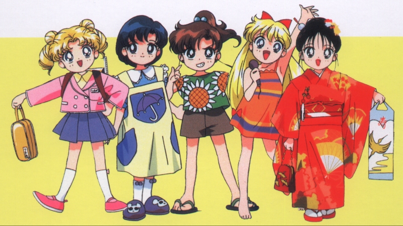 aino_minako, bishoujo_senshi_sailor_moon, chibi, cute, hair_bow, happy, hino_rei, japanese_clothes, kids, kino_makoto, microphone, mizuno_ami, tsukino_usagi