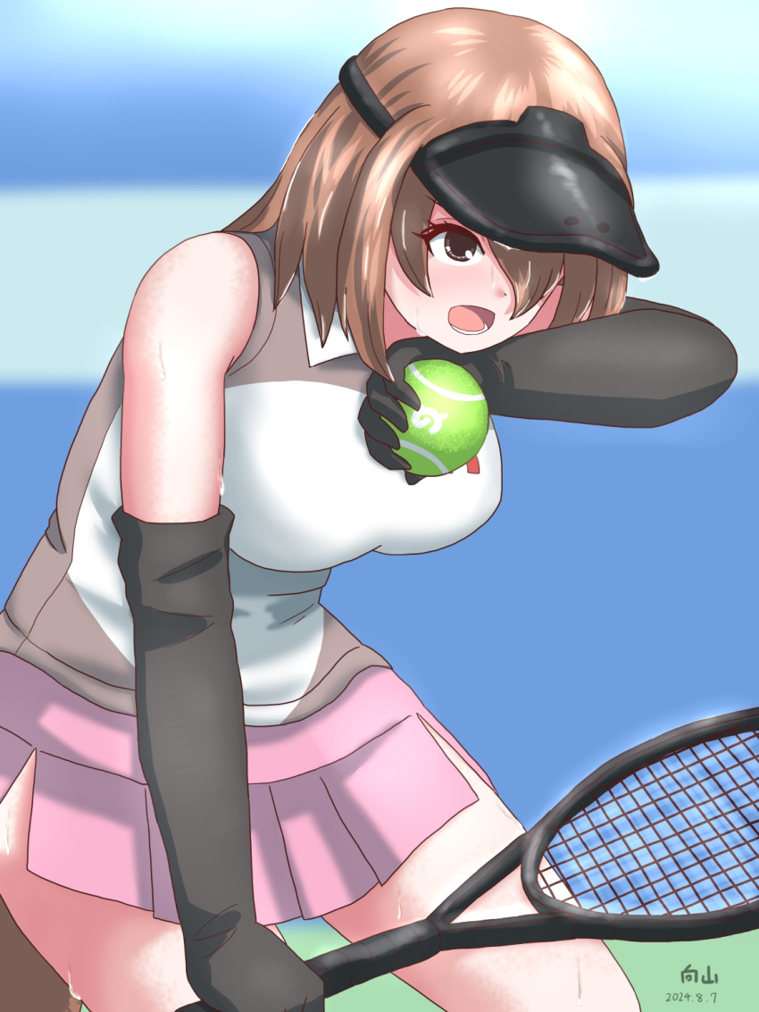 1girl, ball, bare_shoulders, black_gloves, blush, brown_eyes, brown_hair, brown_shirt