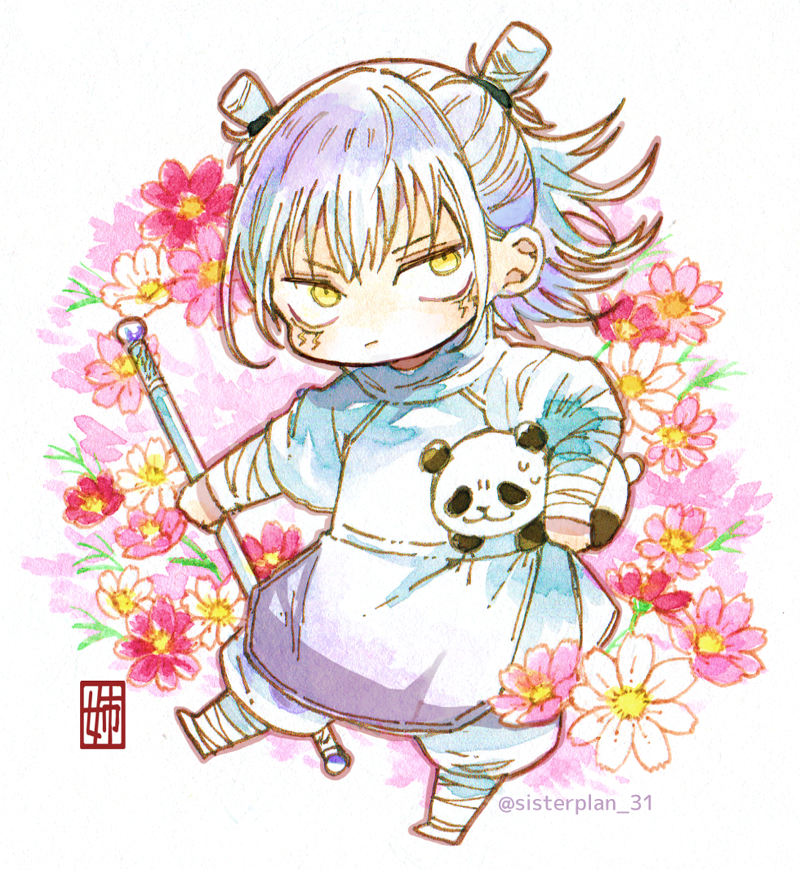 1boy, alternate_eye_color, bandaged_arm, bandaged_leg, bandages, carrying, carrying_under_arm, chibi