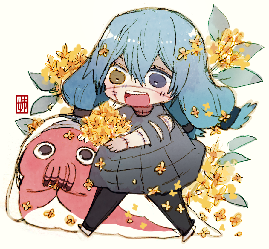 2boys, black_eyes, black_pants, blue_eyes, blue_hair, bouquet, brown_eyes, chibi