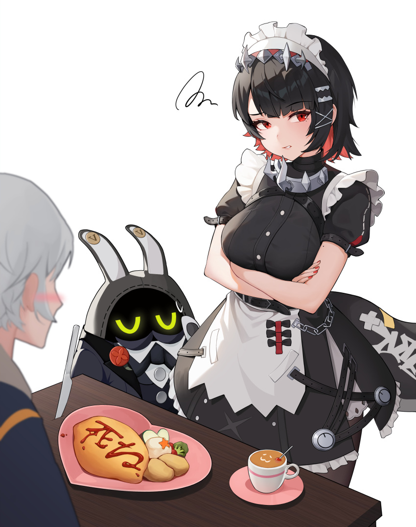 1boy, 1girl, absurdres, bangboo_(zenless_zone_zero), black_hair, blush, coffee, commentary, crossed_arms, cup, ellen_joe, fins, fish_tail, food, grey_hair, highres, ketchup, looking_to_the_side, maid, maid_headdress, masca, multicolored_hair, omelet, omurice, plate, red_eyes, redhead, shark_girl, shark_tail, short_hair, simple_background, tail, two-tone_hair, white_background, wise_(zenless_zone_zero), zenless_zone_zero