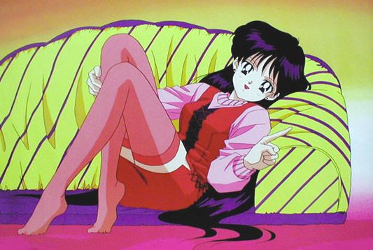 beanbag, bishoujo_senshi_sailor_moon, dress, finger_point, footwear, hino_rei, laying, lying, official_art, pink_legwear, pink_socks, pink_thighhighs, purple_eyes, purple_hair, red_dress, smile, socks, thighhighs, violet_eyes, zettai_ryouiki