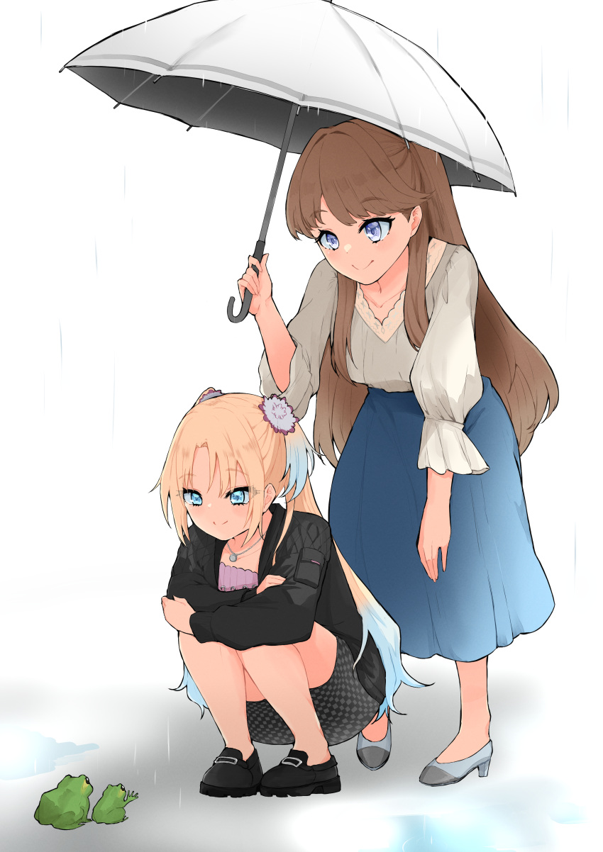 2girls, absurdres, animal, black_footwear, black_jacket, black_skirt, blonde_hair, blue_eyes
