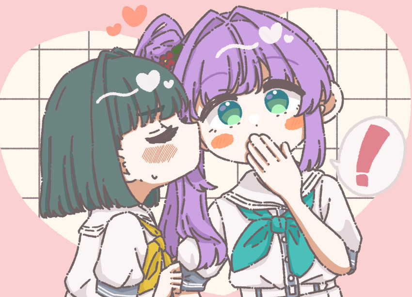 !, 2girls, aqua_neckerchief, blunt_bangs, blunt_ends, blush, blush_stickers, border