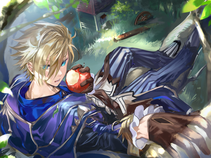 1boy, apple, bitten_apple, blonde_hair, blue_cape, blue_eyes, blue_pants, brown_gloves