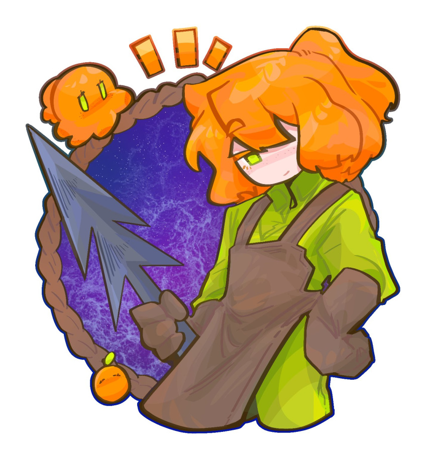 1girl, apron, awastegrass, bodysuit, brown_apron, brown_gloves, closed_mouth, cowboy_shot, freckles, gloves, green_bodysuit, half_updo, harpoon, highres, holding, holding_harpoon, holding_weapon, ishmael_(project_moon), limbus_company, looking_at_viewer, medium_hair, ocean, orange_hair, project_moon, rope, simple_background, smile, solo, umbrella_octopus, weapon, white_background