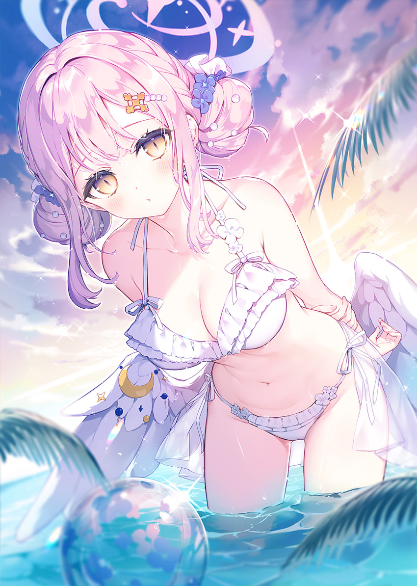 1girl, arms_behind_back, ball, beachball, bikini, blue_archive, blue_halo, blurry