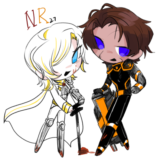 1boy, 1girl, armor, ascot, awastegrass, black_armor, black_gloves, blonde_hair