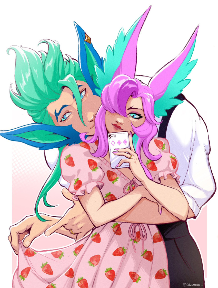 1boy, 1girl, animal_ears, bird_boy, bird_ears, bird_girl, blue_eyes, cellphone