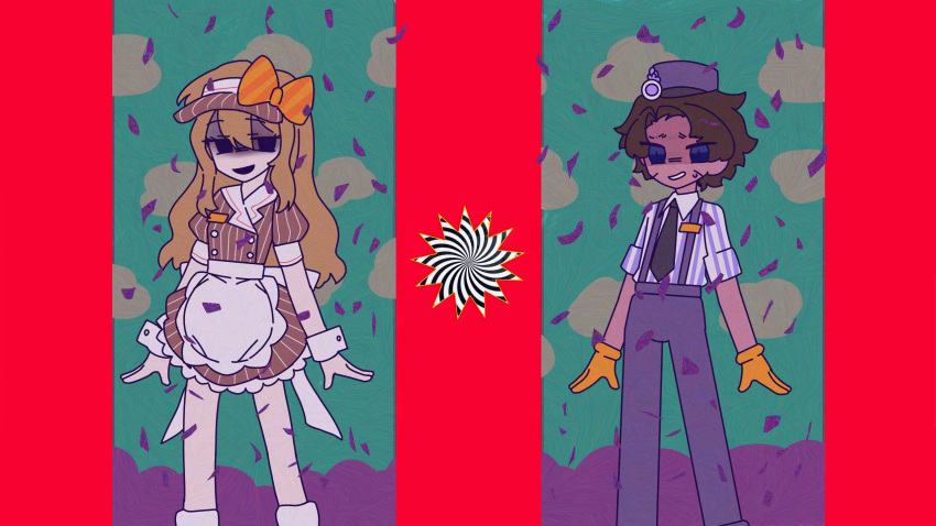 1boy, 1girl, awastegrass, black_necktie, brown_eyes, catherine_(project_moon), channel_(_caststation)_(style), clouds