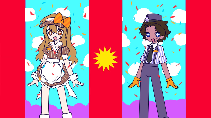 1boy, 1girl, awastegrass, black_necktie, brown_eyes, catherine_(project_moon), channel_(_caststation)_(style), clouds